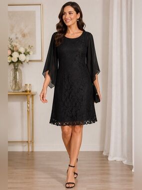COOAN Black Floral Lace Cocktail Dress Women’s Large Sheer Flutter Sleeve